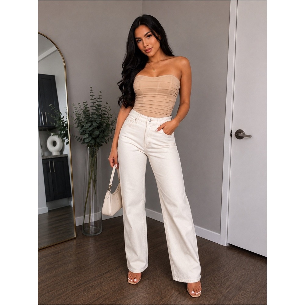SHEIN Nude Mesh Corset Tube Top Tan Ruched Strapless Handkerchief Hem Zip Back